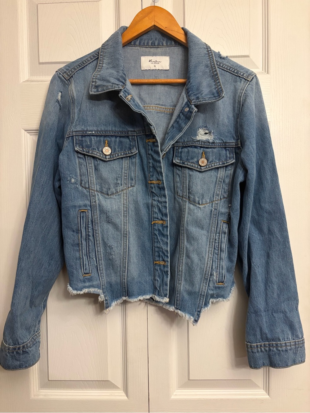 KanCan Light Blue Distressed Crop Denim Jacket